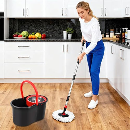 Spin Mop and Bucket with Wringer Set,360° Mop and Bucket System with One Microfiber Mop Refills and 50" Extended Handle for Floor Cleaning (Black)