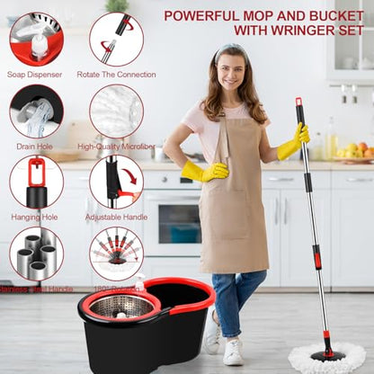 Spin Mop and Bucket with Wringer Set, 360° Spinning Mop Bucket System with 3 Microfiber Mop Replacement Heads, Adjustable Handle for Floor Cleaning (Black) - color: Black