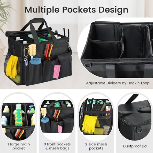 Housolution Extra Large Rolling Cleaning Caddy Bag with Detachable Trolley, Upgraded 360° Free Rotating with 5 Wheels and Dust-Proof Lid, Professional Cleaning Supplies Bag for Housekeepers, Black - color: Black, size: Large