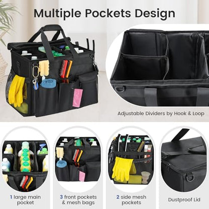 Housolution Extra Large Rolling Cleaning Caddy Bag with Detachable Trolley, Upgraded 360° Free Rotating with 5 Wheels and Dust-Proof Lid, Professional Cleaning Supplies Bag for Housekeepers, Black - color: Black, size: Large