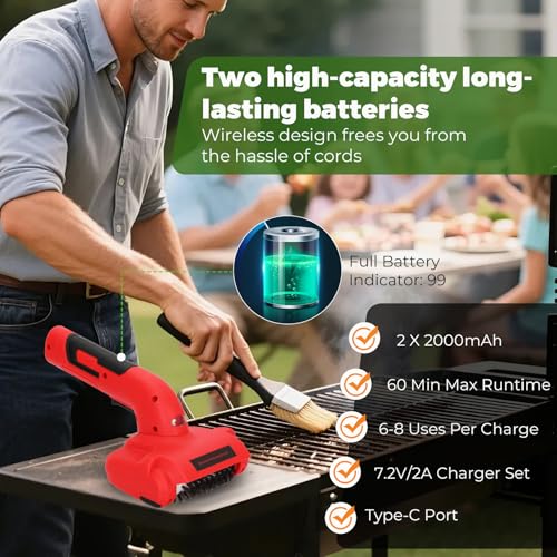 Electric BBQ Grill Brush, 1800 RPM Heavy Grill Cleaning Brush with 1 Replacement Head & LED Light, 304 Stainless Head, Grill Cleaner for Outdoor Grill with No Bristle Shedding, Gift for Men/Dad