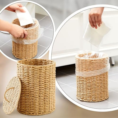 Ctosree 1.3 Gallons Small Trash Can with Lid Handle Boho Woven Braided Bathroom Waste Basket Trash Can with 100 Garbage Bags for Bedroom Office Laundry(Braided Paper Rope, Primary Color) - color: Black, style: Round