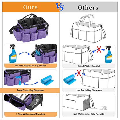 LoDrid Wearable Cleaning Caddy Bag with 4 Foldable Dividers, Cleaning Supply Tote for Cleaning Supplies, Cleaning Organizer with Shoulder Strap and Side Handles for Cleaners & Housekeepers, Purple - color: Purple