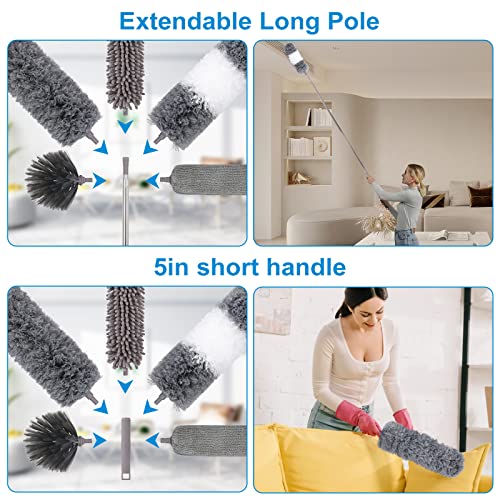 Microfiber Extendable Feather Duster (11pcs) with 100" Extension Pole, Washable Reusable Bendable Dusters for Cleaning Ceiling Fan, High Ceiling, TV, Blinds, Cars