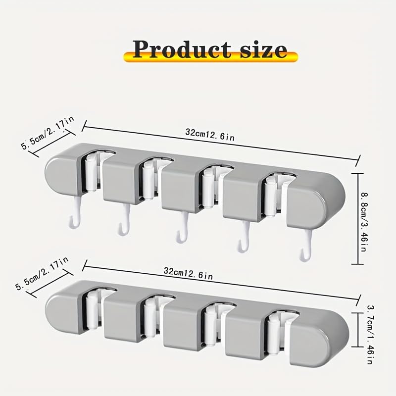 Multi-Functional Mop Broom Holder - No-Drill Wall-Mounted Rack with Strong Adhesive & Elastic Silicone Clips& Hooks for Bathroom/Kitchen