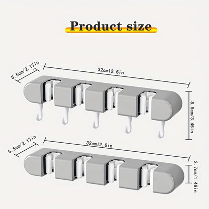 Multi-Functional Mop Broom Holder - No-Drill Wall-Mounted Rack with Strong Adhesive & Elastic Silicone Clips& Hooks for Bathroom/Kitchen