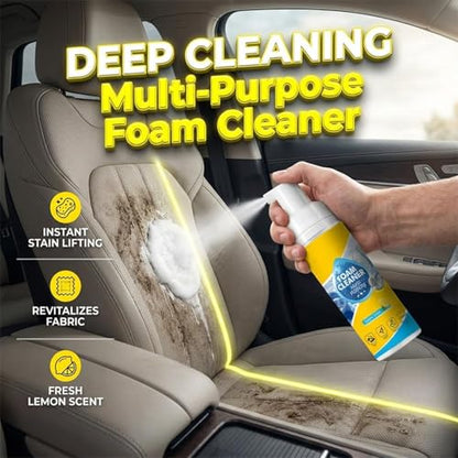 4-in-1 Multi-Purpose Foam Cleaner, All Surface No-Rinse Spray with Sponge & Towel for Home, Kitchen, Bathroom, Car & Upholstery (1PC+1*Sponge+Towel)