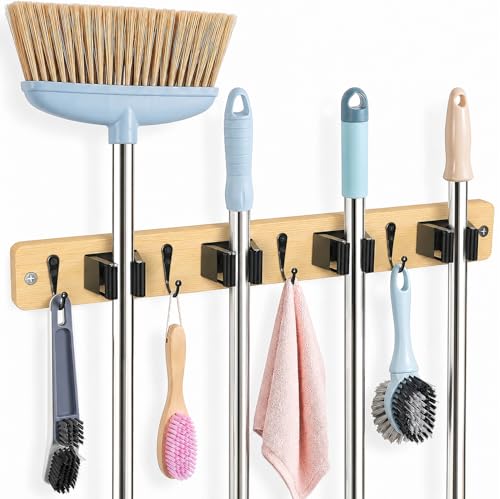 Broom Holder Wall Mounted, Light Wood 4 Holders and 4 Hooks Mop Holder, Wooden Mop and Broom Holder with Anti slip rubber, Natural pine wood Brush Holder, Mop Wall Holde with Nail installation - color: Light Wood, size: 1 Pack