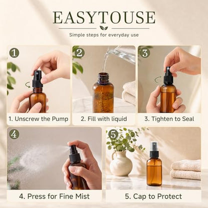 48 Pack Amber Plastic Spray Bottles, 2oz Fine Mist Spray Bottles for Essential Oils, Water Spray Bottle for Hair Plant & Cleaning Solution