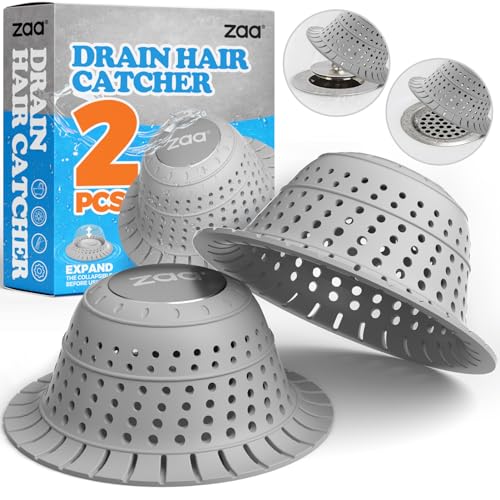 zaa Shower Drain Hair Catcher, 2 Pack Silicone Collapsible Bathtub Drain Cover Dog Hair Catcher & Protector for Pop-Up & Regular Drains of Shower, Bathtub, Tub, Bathroom, Diameter 4.5" - color: Gray