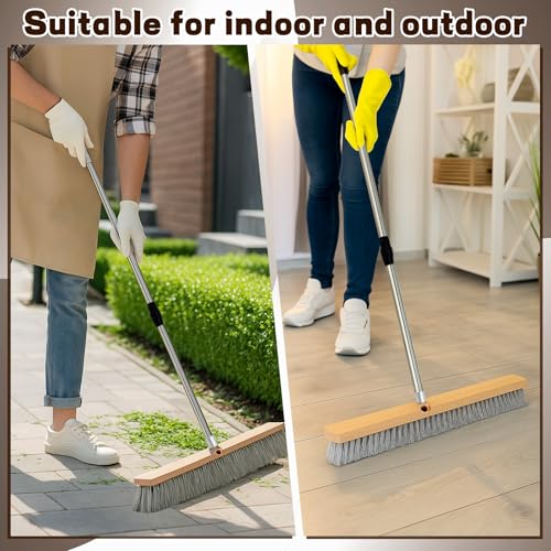 Maxdot 1 Pcs 36" Push Broom with Stainless Steel Telescopic Handle, Polypropylene Bristles, Heavy Duty Outdoor Indoor Push Large Broom with Handle for Smooth Surface Home and Garage Sweeping - color: Beige ,Silver and Black