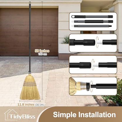 TidyBliss Corn Broom Heavy Duty, 59 inches Tall Household Indoor Outdoor Natural Straw Brush for Sweeping Garden, Garage, Yard, Porch, Patio, Sidewalk, Concrete, Stone Floors