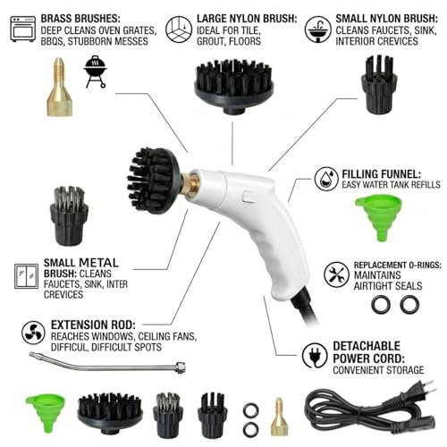 Foandbevi 1200W Handheld Steam Cleaner with 6 Adjustable Levels, 105℃ High-Pressure Portable Steam Cleaning Machine for Car Detailing, Tile Grout, Couch, Mattress, Bed & Home - 6 in 1 Attachments - color: Cream White