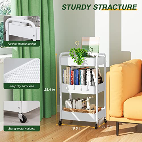 LEHOM 3 Tier Rolling Cart, Metal Rolling Utility Cart with Lockable Wheels & Hooks, Multi-Functional Heavy Duty Storage Cart Organizer for Bathroom, Kitchen, Office, Living Room - color: White