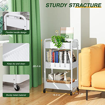 LEHOM 3 Tier Rolling Cart, Metal Rolling Utility Cart with Lockable Wheels & Hooks, Multi-Functional Heavy Duty Storage Cart Organizer for Bathroom, Kitchen, Office, Living Room - color: White