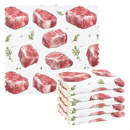 Kitchen Dish Cloths Beef Meat Steak Pattern 6 Pack Dish Towels for Drying Dishes Ultra Soft Absorbent Cleaning Towels Dish Rags, 11 X 11 Inches