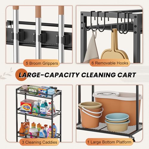 Olakee Taller Broom Holder with Cleaning Supplies Organizer, Broom Closet Storage Cabinet with Mop Hanger Gripper Rack Hooks, Housekeeping Janitorial Cart with Cleaning Caddy, Garage Home Improvement - size: Elevated