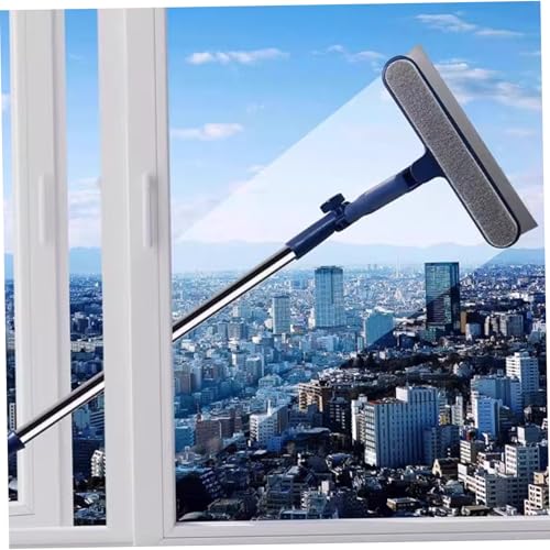 Window Squeegee with Extension Pole, Adjustable Telescopic Window Cleaner Tool with 180° Rotating Head Scrubber and Squeegee for Indoor Outdoor