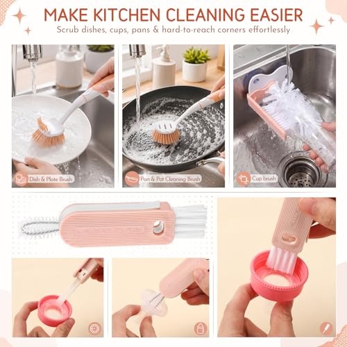 10 Pack Dish Brush Set for Household Use Kitchen Scrub Brushes with Non-Slip Long Handle Multi-Purpose Cleaning Brushes for Dishes Pot Pan Kitchen Sink Tub Cup Clothes Shoes Floor (Pink) - color: Pink