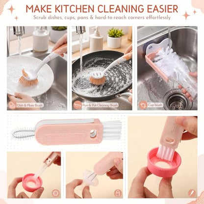 10 Pack Dish Brush Set for Household Use Kitchen Scrub Brushes with Non-Slip Long Handle Multi-Purpose Cleaning Brushes for Dishes Pot Pan Kitchen Sink Tub Cup Clothes Shoes Floor (Pink) - color: Pink