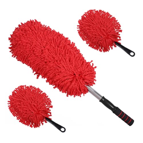 IPELY 3 Pack Large Red Microfiber Car Duster Exterior Scratch Free with Extendable, Car Duster Interior Multipurpose dust Cleaning