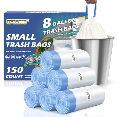 Medium 8 Gallon Trash Bags Drawstring,1.2 Mil,Unscented,150 Count | Leakproof,Strong Plastic Garbage Can Liners,White,Fit 23 - 30 Liter Waste Bins,for Bathroom Home Kitchen Everyday Use - color: Drawstring-8 Gal-150