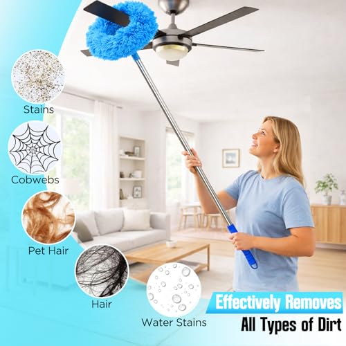 Ceiling Fan Cleaner Duster with Extension Pol, 12 to 51 Inch Duster Length, Reusable Microfiber Dusters for Cleaning Fan Blades, Cobwebs, Walls, Windows & High Ceilings, Removable, Blue - color: Blue