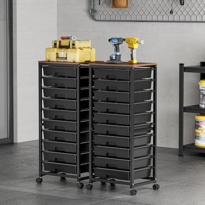SYKIARIOL Rolling Cart with Drawers,10 Drawer Rolling Cart,Storage Cart,Utility Cart,Teacher Cart for Classroom Storage,Craft Cart with Wheels and Wooden Tabletop,Black - color: Black