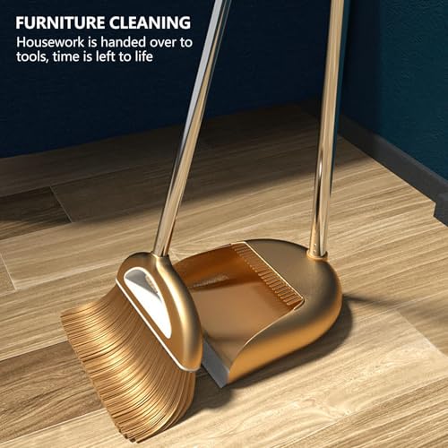 Broom and Dustpan Set, Long Handle Broom with Stand Up Dustpan Combo Set, Light Weight Stainless Steel Poles Stand Upright Dustpans and Broom Set, Broom with Dustpan for Home Kitchen Room - color: Gold