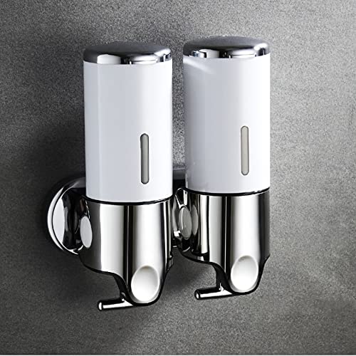 2 Chamber Wall Mounted Bathroom Shower Pump Dispenser and Organizer-Holds Shampoo, Soap, Conditioner, Shower Gel, for Bathroom Kitchen Hotel (White) - color: White,transparent, size: 2 Chamber