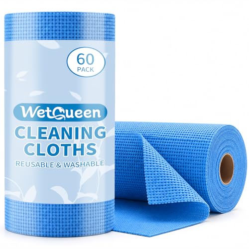 WETQUEEN Upgrade 60 Pack Microfiber Cleaning Cloth Roll - 11.8" x 11.8" Bubbled Reusable Rag for House, Kitchen, Car & Window - Tear Away Dish Rags & Wipe - 1 Roll Replaces 50 Paper Towels - Blue