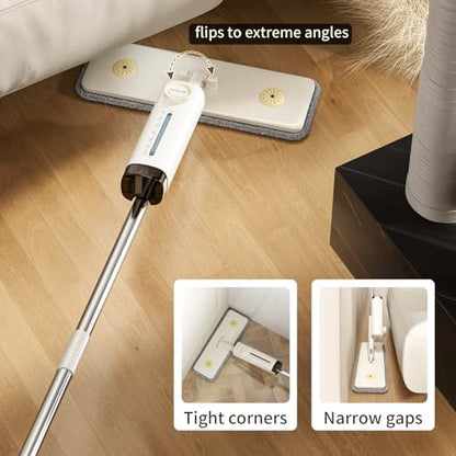 2 in 1 Wet Dry Spray Mop for Floor Cleaning, Swivel Flat Long Handle Trapeador with Washable Reusable Pads & Refillable Bottle, Lightweight for Hardwood, Laminate, Vinyl, Tile, Marble, Cream White