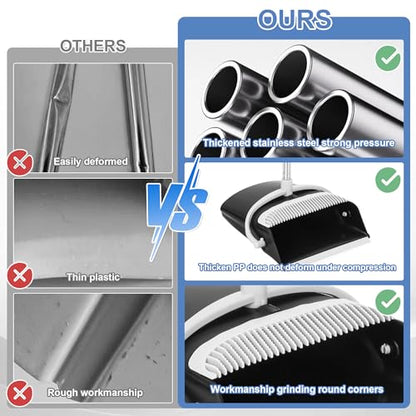Broom and Dustpan Set with Long Handle, Upright Standing Design, Indoor Outdoor Cleaning Combo, Black and Gray