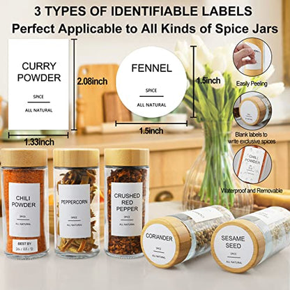 AISIPRIN Glass Spice Jars with 398 Labels-4oz 24 Pcs,Round Seasoning Jars with Bamboo Airtight Lids,Spice Container Set -Shaker Lids, Funnel,Brush and Marker Included