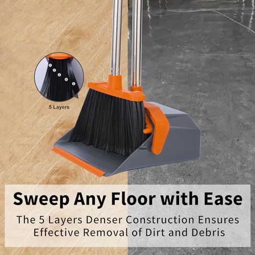 Tiumso Broom and Dustpan Set with 51'' Long Handle, Upright Broom and Dustpan Combo for Home Kitchen Office Restaurant Garage Lobby Dog Cat Pets Hair - Grey and Orange - color: Orange and Grey