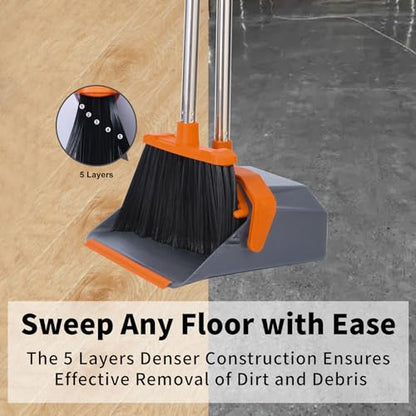 Tiumso Broom and Dustpan Set with 51'' Long Handle, Upright Broom and Dustpan Combo for Home Kitchen Office Restaurant Garage Lobby Dog Cat Pets Hair - Grey and Orange - color: Orange and Grey