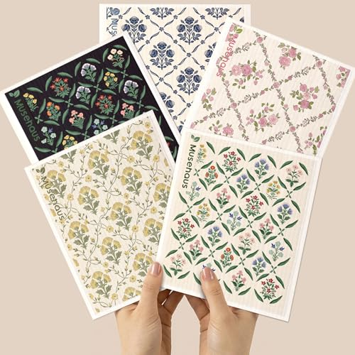 5 Pack Swedish Dishcloths - Reusable Dish Cloths for Kitchen 5 PCS Non-Scratch Absorbent Compostable Elegant Floral Patterned Swedish Sponge Cloths for Cleaning, Block Print - color: Block Print