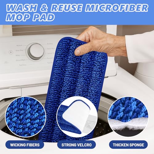 HOMTOYOU Microfiber Flat Mop with Sprayer: Spray Mop with 4 Washable Pads | Cleaning Multi-Surface Floors, 1Pcs 400+ML Refillable Bottle, Wet Dry Use, 360° Swivel Head, White - color: White Blue