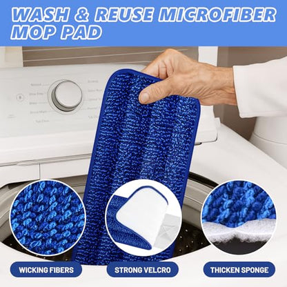 HOMTOYOU Microfiber Flat Mop with Sprayer: Spray Mop with 4 Washable Pads | Cleaning Multi-Surface Floors, 1Pcs 400+ML Refillable Bottle, Wet Dry Use, 360° Swivel Head, White - color: White Blue
