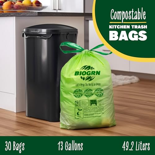10-13 Gallon Compostable Trash Bags Drawstring 30 Bags Heavy Duty Extra Thick 1 Mil 49.21 Liter Biodegradable Trash Bags Compost Bags Green for Kitchen ASTM D6400 US BPI and OK Compost Home Certified - color: 13 Gal, Drawstring Bags, 30 Count