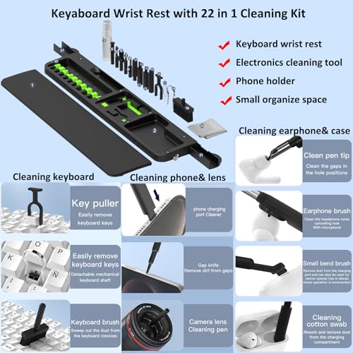 Ergonomic Keyboard Wrist Rest Cleaning Kit, 22 in 1 Cleaning Kits Wrist Rest for Keyboard, Non-Slip Springy Sponge Keyboard Rest Pad with Deep Cleaning Cleaning Tools for Earbuds, Lens, Charging Port - color: Black
