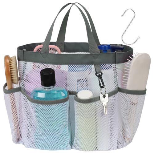 F-color Mesh Shower Caddy Portable, Upgrade Deeper 7 Pockets Shower Bag Basket Tote for College Dorm Room Toiletry Bathroom Essentials Gym Camp Quick Dry 2 handles with S Hook, White - color: White, size: L (Classic Dorm Caddy)