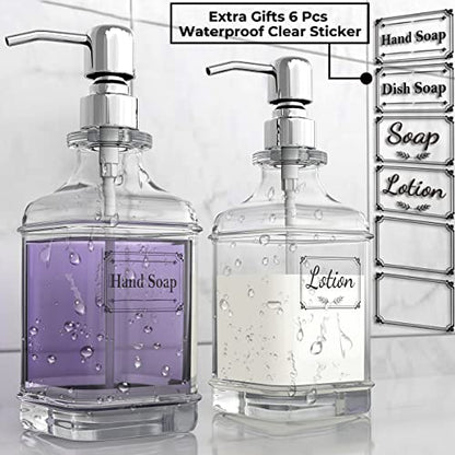 GLADPURE Soap Dispenser - 2 Pack, 18 Oz Antique Design Thick Glass Hand Soap Dispensers; with 304 Rust Proof Stainless Steel Pump, 6Pcs Clear Stickers, for Kitchen, Bathroom - Silver - color: Silver