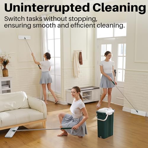 JOYMOOP Commercial Mop and Bucket Set, 17.7-inch Dust Mops for Floor Cleaning, Flat Mop Bucket with Wringer, Include 5 Reusable Microfiber Mop Pads - Forest Green - size: 17.7" Mop-head - 60" Mop+5 Mop Pads