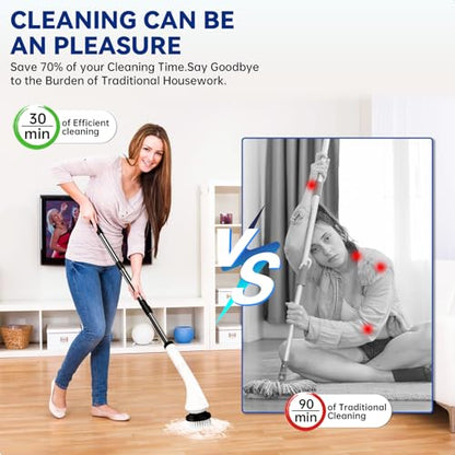 Electric Spin Scrubber,Cordless Bathroom Cleaning Brush with Replaceable Heads & Adjustable Extension Long Handle,Dual Speeds Power Shower Scrubber for Tile,Bathtub,Floor,Kitchen (White)