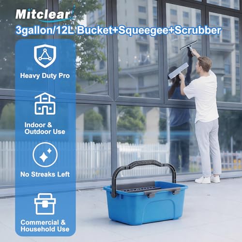 Mitclear Professional Window Cleaning Kit with Bucket 3 Gallon, 14'' Silicone Squeegee, 14'' Microfiber Scrubber, Cloth, Window Washing Equipment Cleaner Tools, Commercial & Home, Car, Outdoor - style: Window Cleaning Kit