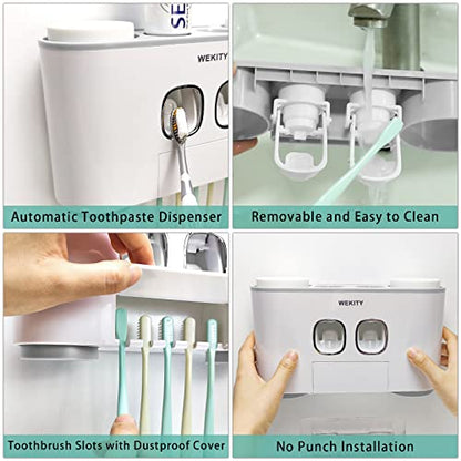 Toothbrush Holder WREWING Multi-Function Wall-Mounted Automatic Toothpaste Dispenser and Dust-Proof Toothbrush Holder with 5 Brush Slots 4 Cups 2 Automatic Toothpaste Dispensers 1 Storage Slot (Grey) - color: Grey