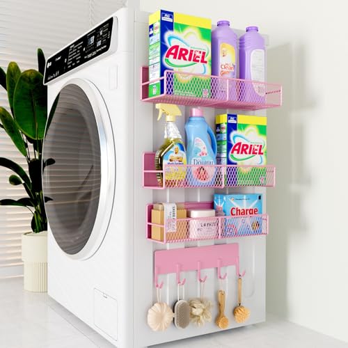 4 Pack Magnetic Shelves for Washing Machine, Heavy-Duty Magnetic Laundry Organizer with Hooks, Washing Machine Shelf for Refrigerator, Metal Storage Baskets, Closet & Laundry Room Organization (Pink) - color: Pink, size: 4 Pack (11.3"-12.4")
