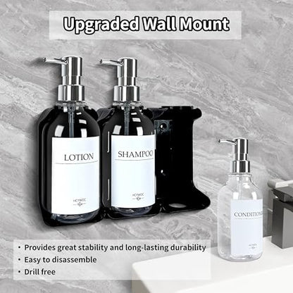 Shampoo and Conditioner Dispenser, Shower Soap Dispenser with 16 Waterproof Labels, Shampoo Dispenser for Shower Wall, Shower Dispenser 3 Chamber No Drill, 17oz, Clear - color: Clear Bottle + Silver Pump