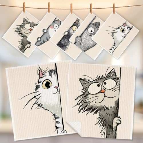 5 Pcs Cartoon Cute Peeking Kitten Swedish Dishcloths, Kitty Swedish Dishcloth, Funny Cat Dish Cloths for Drying Dishes, Reusable Cleaning Cloths, Cat Lover Gifts for Women 7 - color: Lm 03438